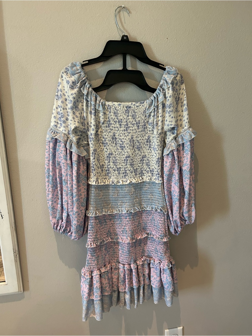 Smocked Floral Peasant Blouse in Light Blue and Pink
